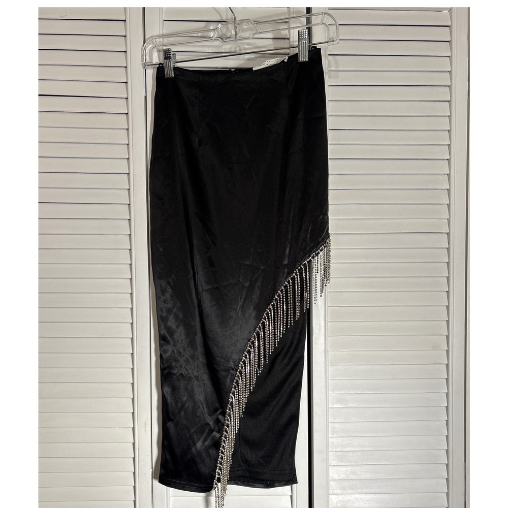 American Threads Black Satin Rhinestone Fringe Midi Skirt PS8901N-B Medium